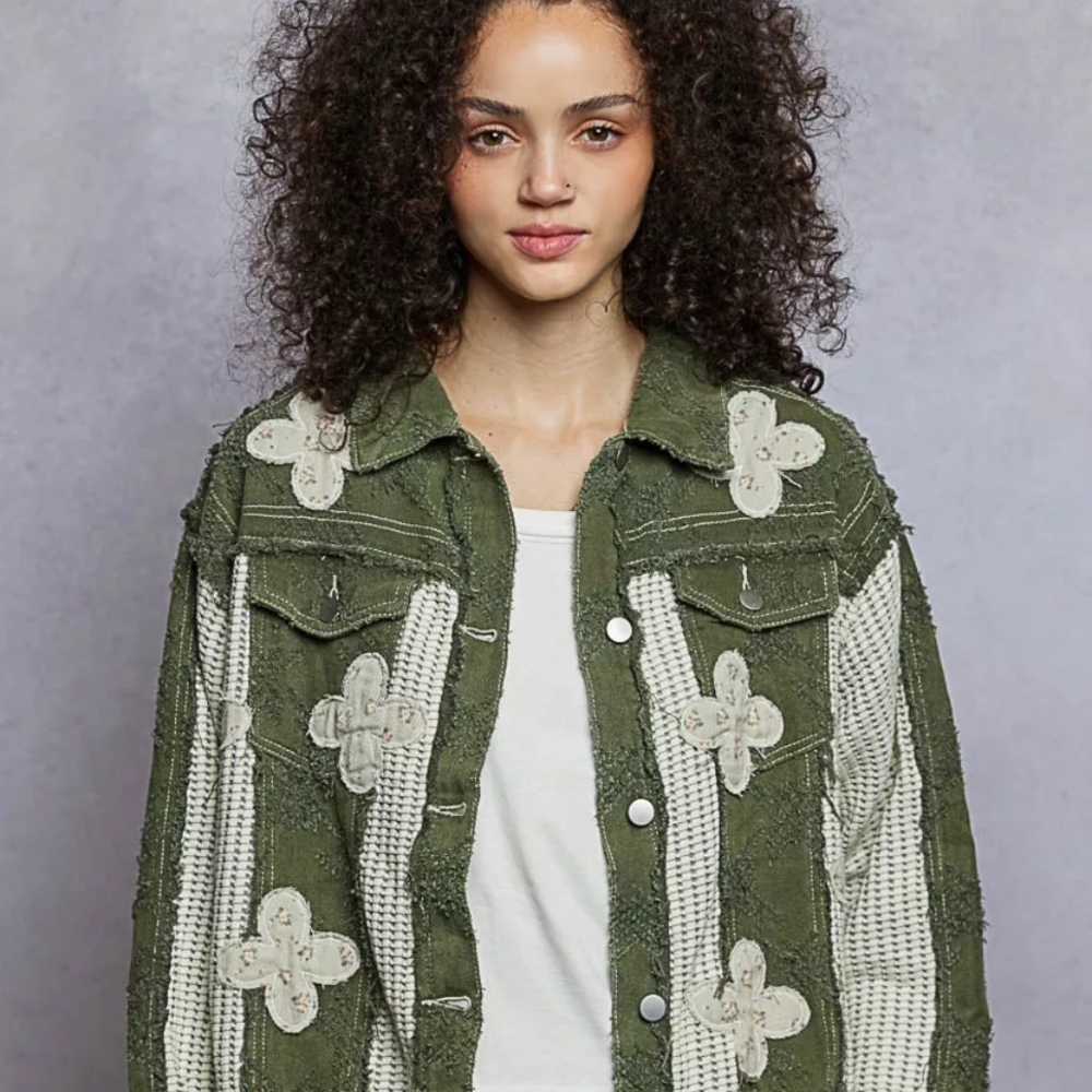 POL Olive and Cream Floral Jean Jacket